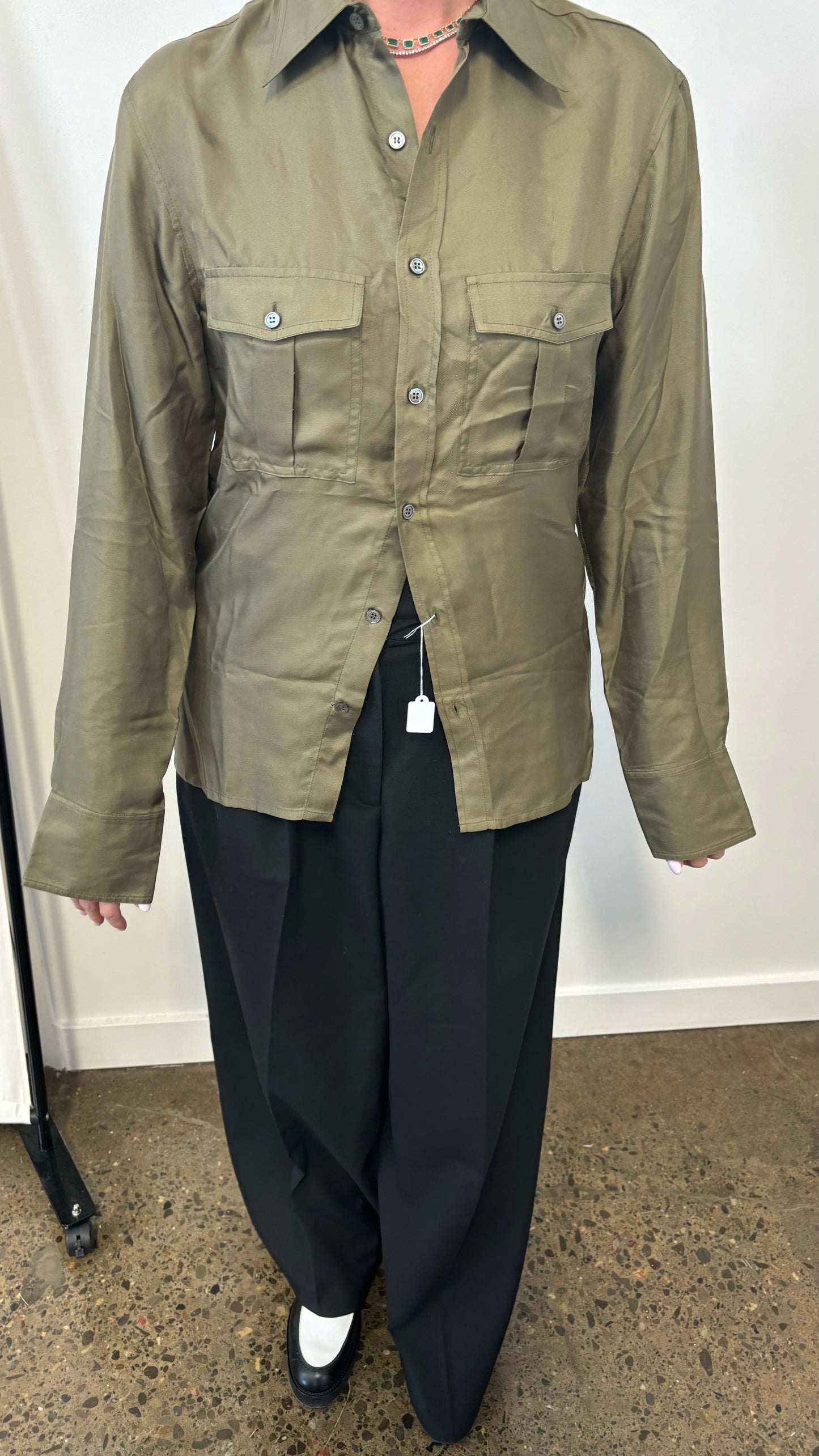 73 LONDON olive green silk button up