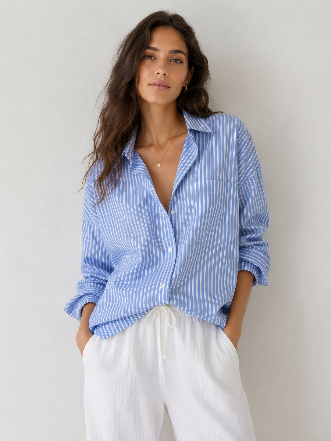LNA CLOTHING blue white stripe button up, crop