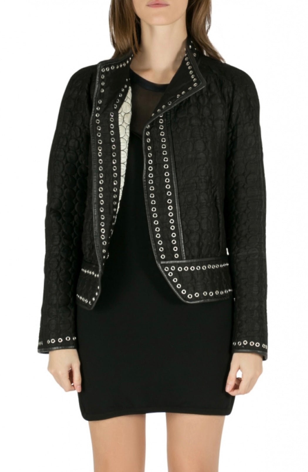 Isabel Marant - Black Raw Silk Circle Quilted Eyelet Detailed Orval Jacket