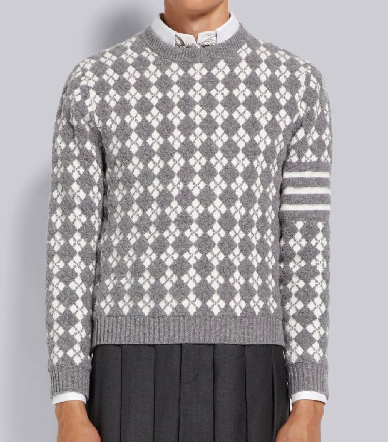 THOM BROWNE - LIGHT GREY TERRY STITCH ARGYLE JACQUARD 4-BAR CREW NECK PULLOVER
