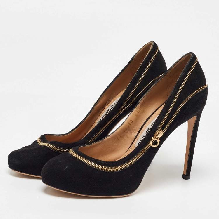 SALVATORE FERRAGAMO black suede heels with gold zipper heels