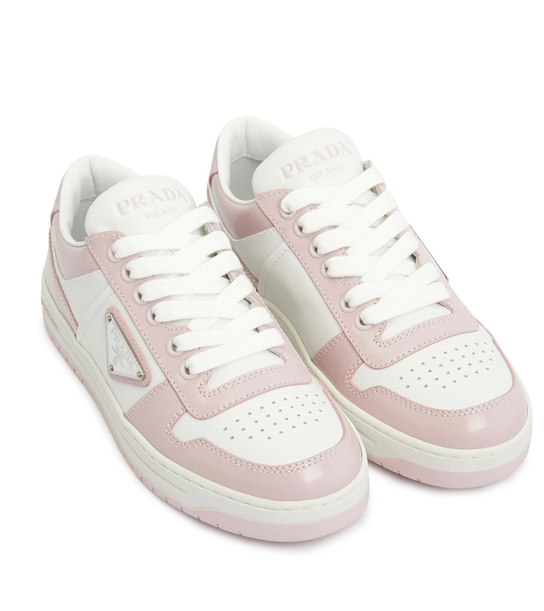 PRADA DOWNTOWN LOW TOP SNEAKERS IN PINK & WHITE