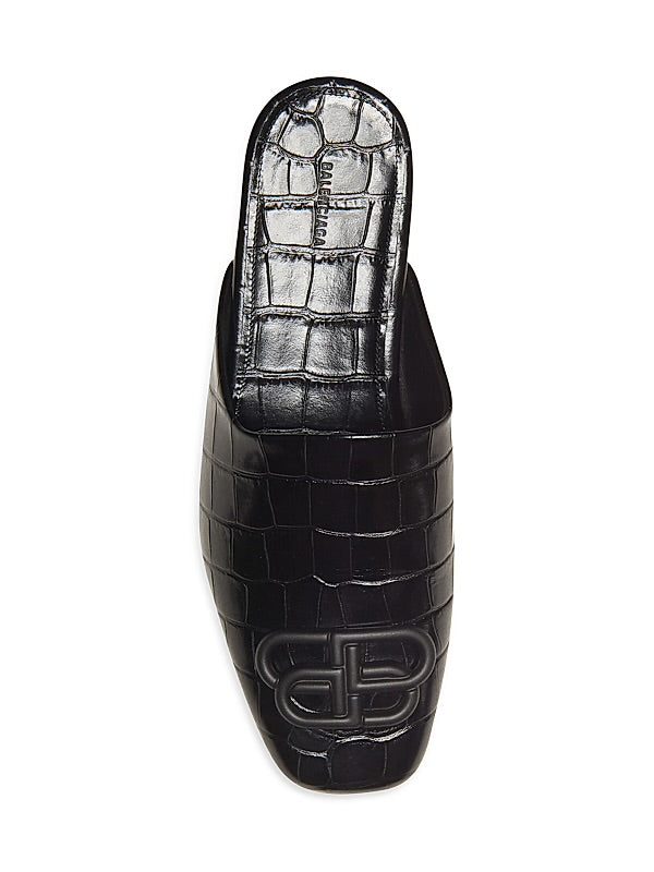 BALENCIAGA black croc mules with "BB" logo