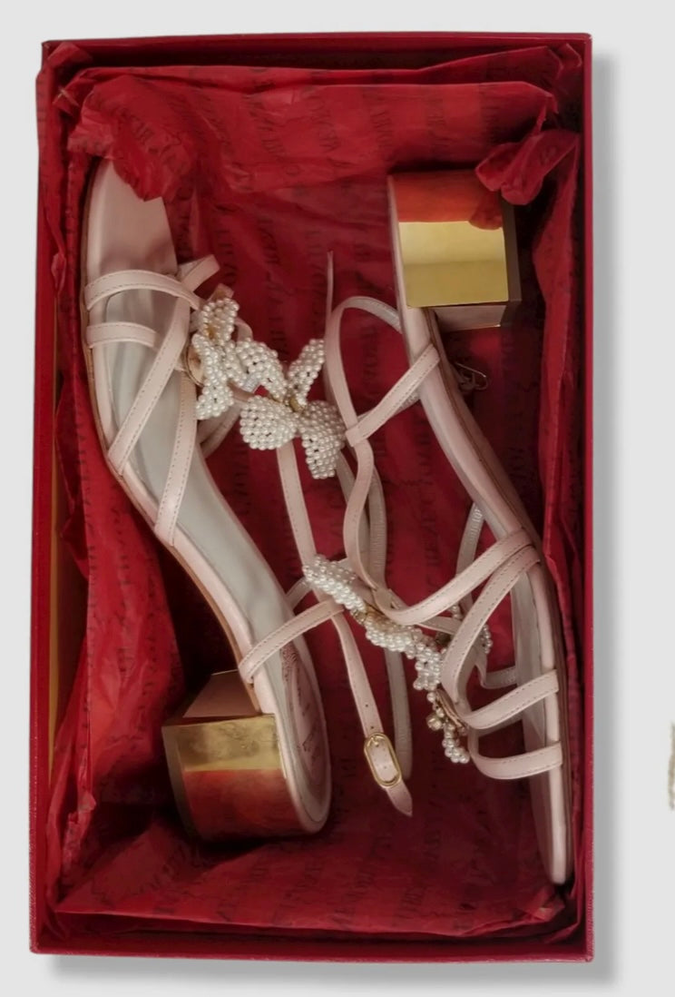 Rene Caovilla Women Pink Beaded Flower Chunky Sandals