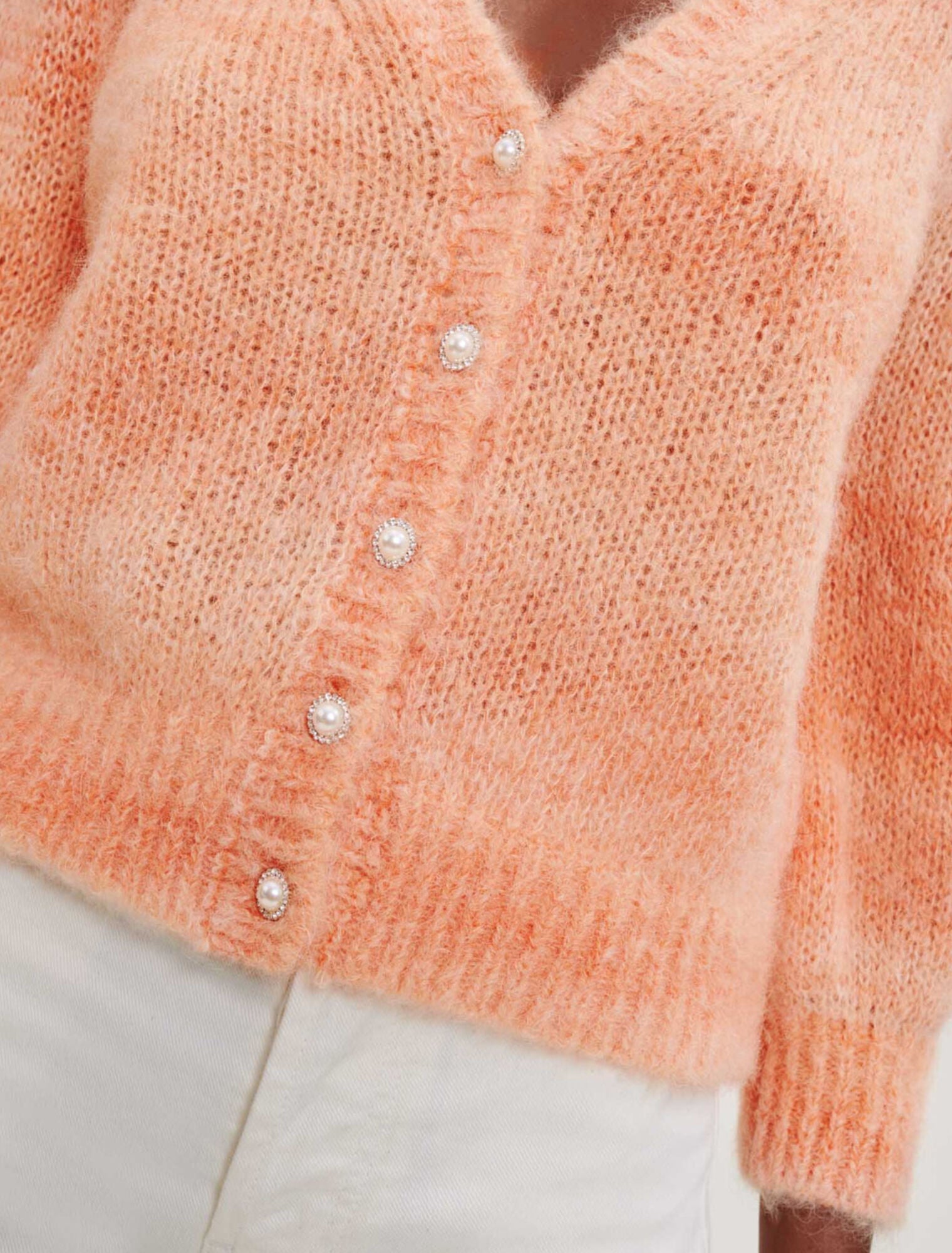 MAJE "Miston" orange knit cropped cardigan with pearl/diamond buttons