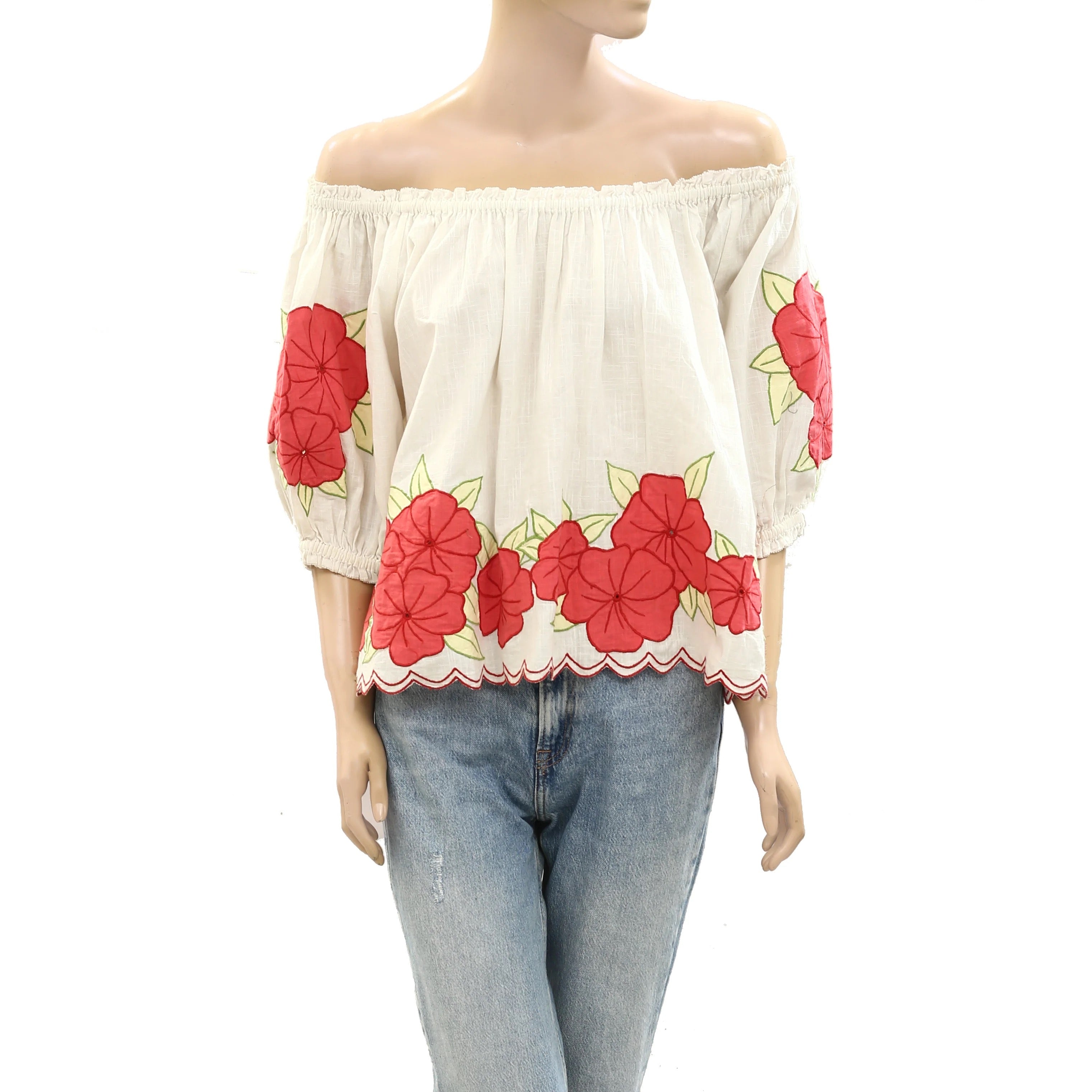 THE GREAT Floral beige cotton off the shoulder top