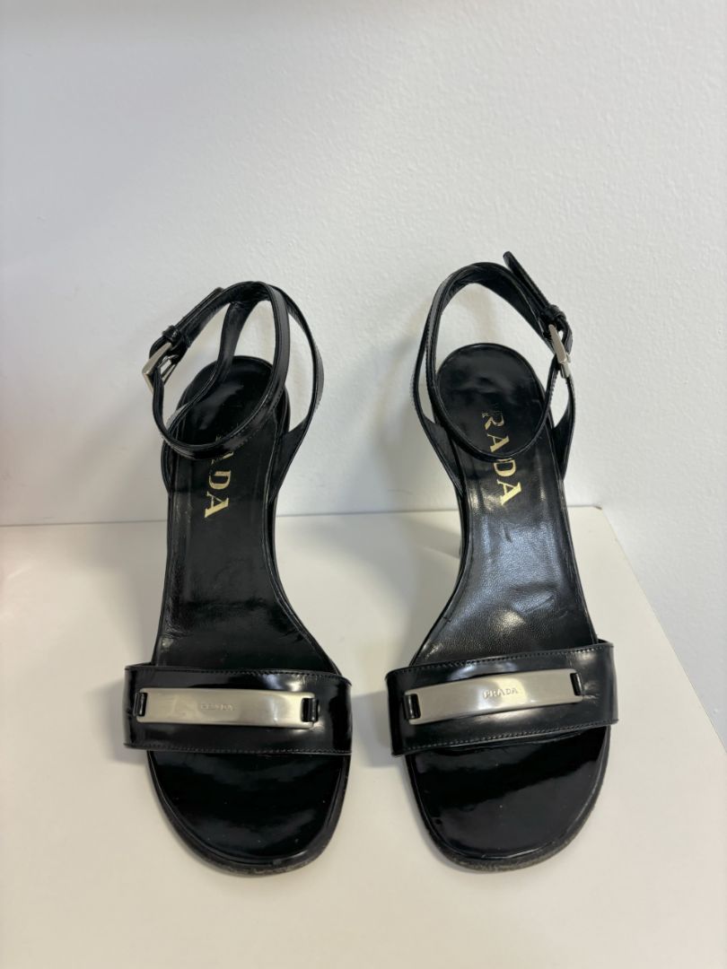 Prada Ankle Strap Heel with Silver Logo