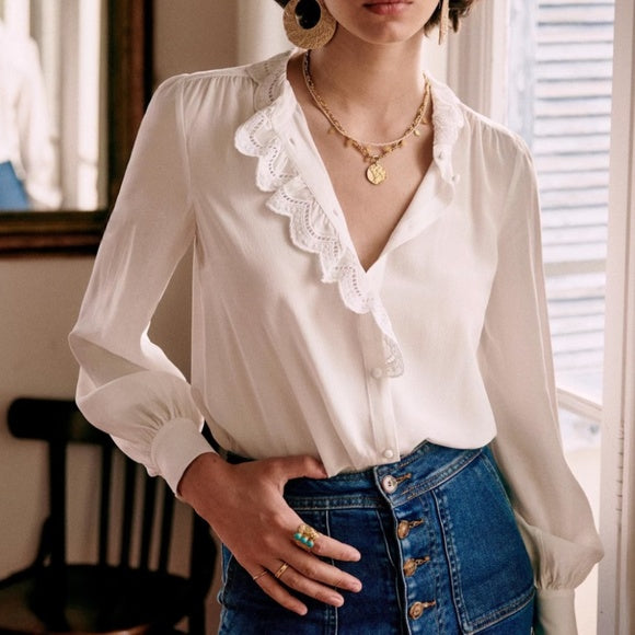 SEZANE cream long sleeve button up with eyelet ruffle detail