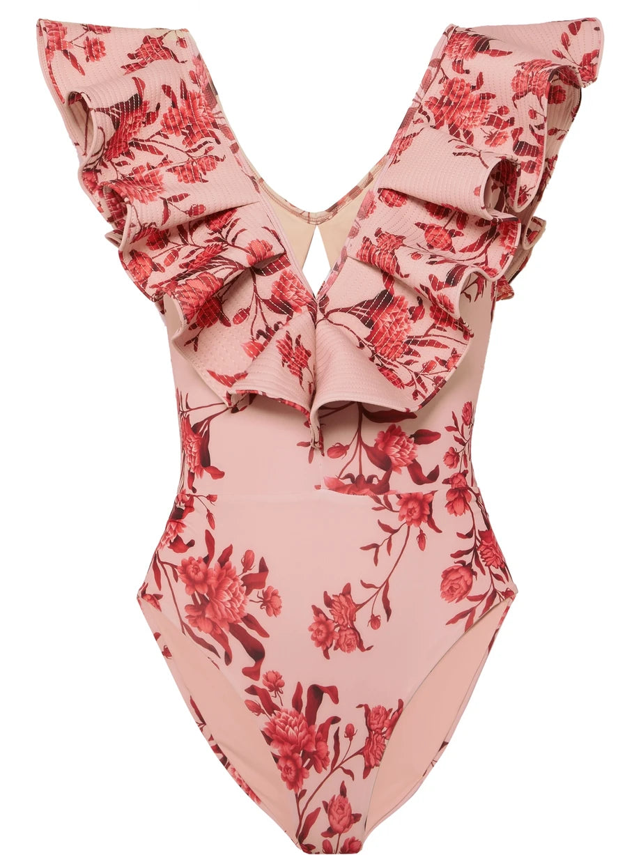 JOHANNA ORTIZ Manzanillo Del Mar ruffled cutout floral-print swimsuit