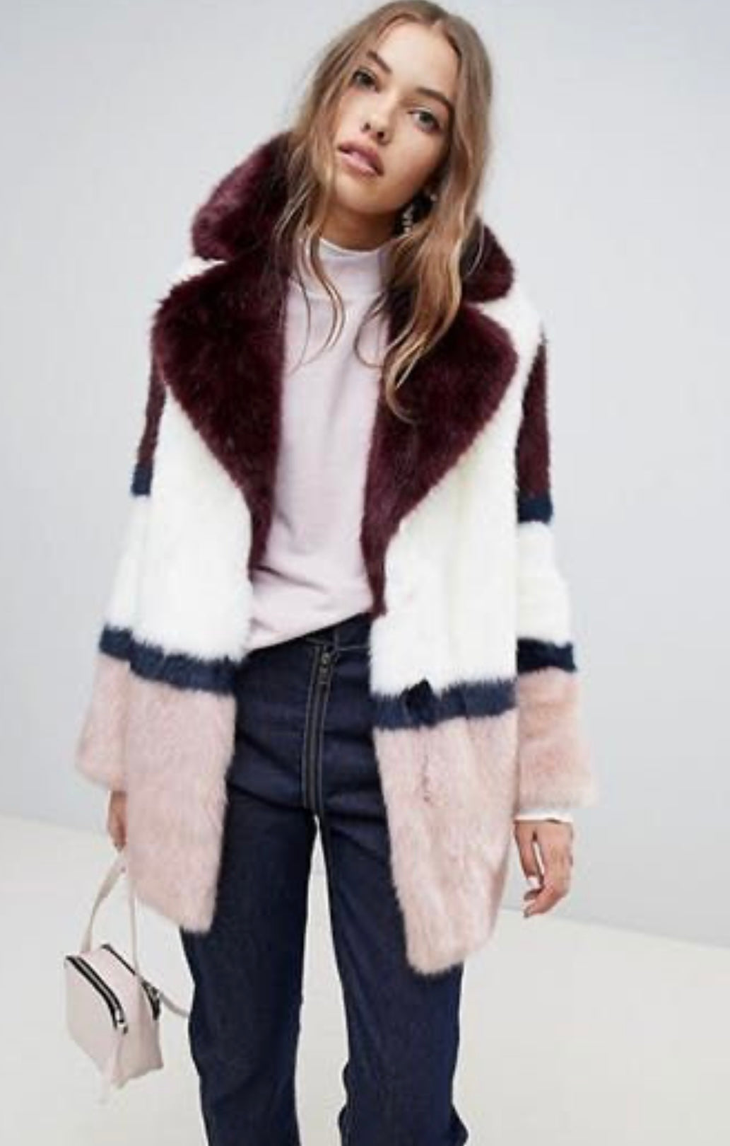 Jakke mid length faux fur coat in colour block