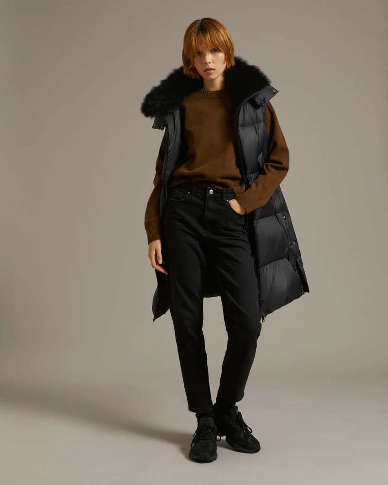 YVES SALOMAN long black puffer vest with removable hood and black fur collar