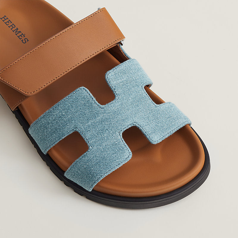 HERMES chypre denim and brown sandal, w dust bags and box