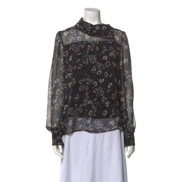 SEE BY CHLOE sheer blue floral pattern blouse, turtleneck with buttons on shoulder