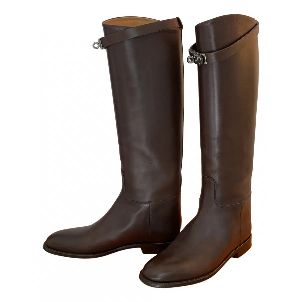 HERMES chocolate brown knee high leather boots with silver buckle detail
