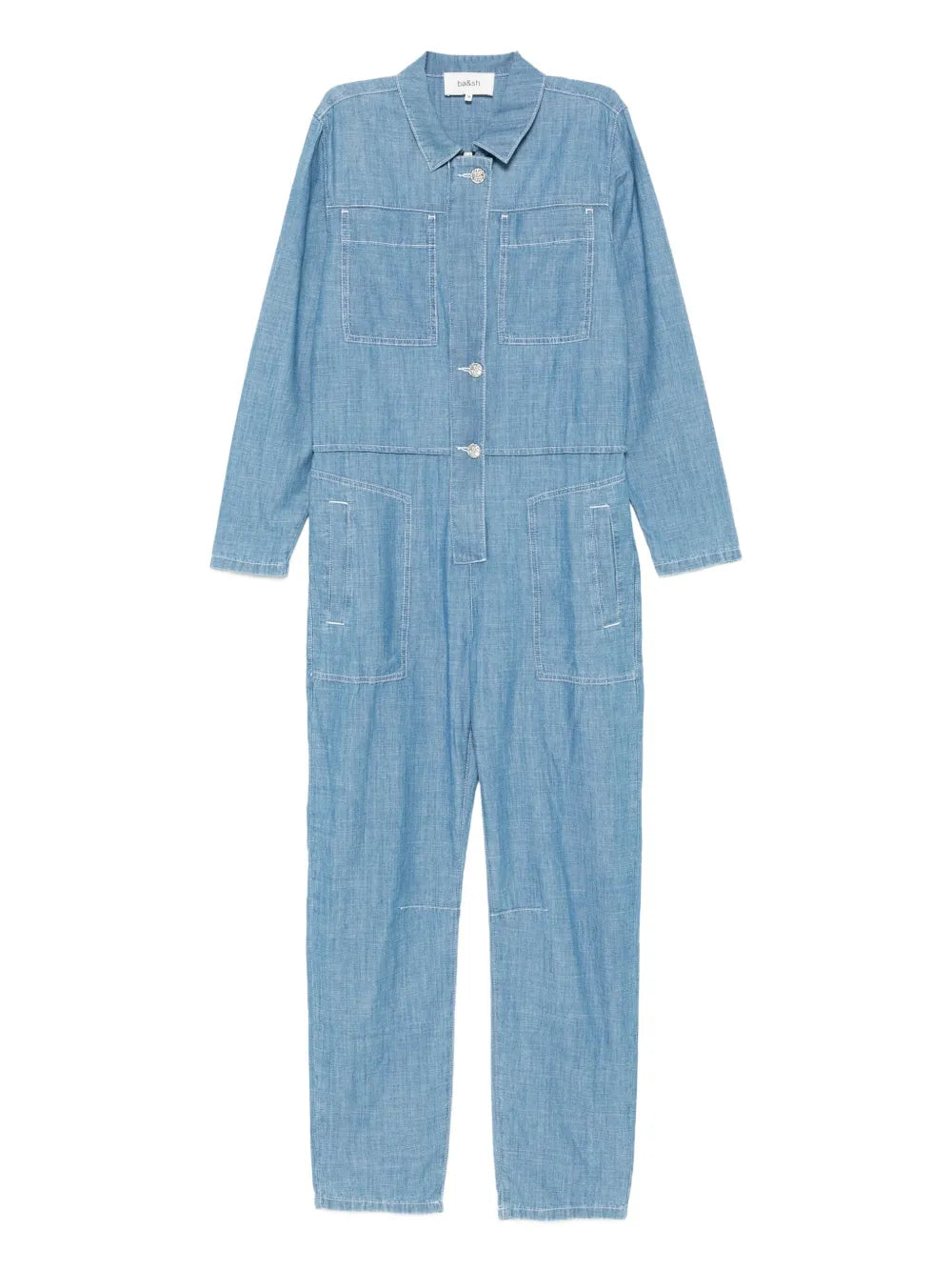BA&SH long sleeve blue denim jumpsuit with silver buttons