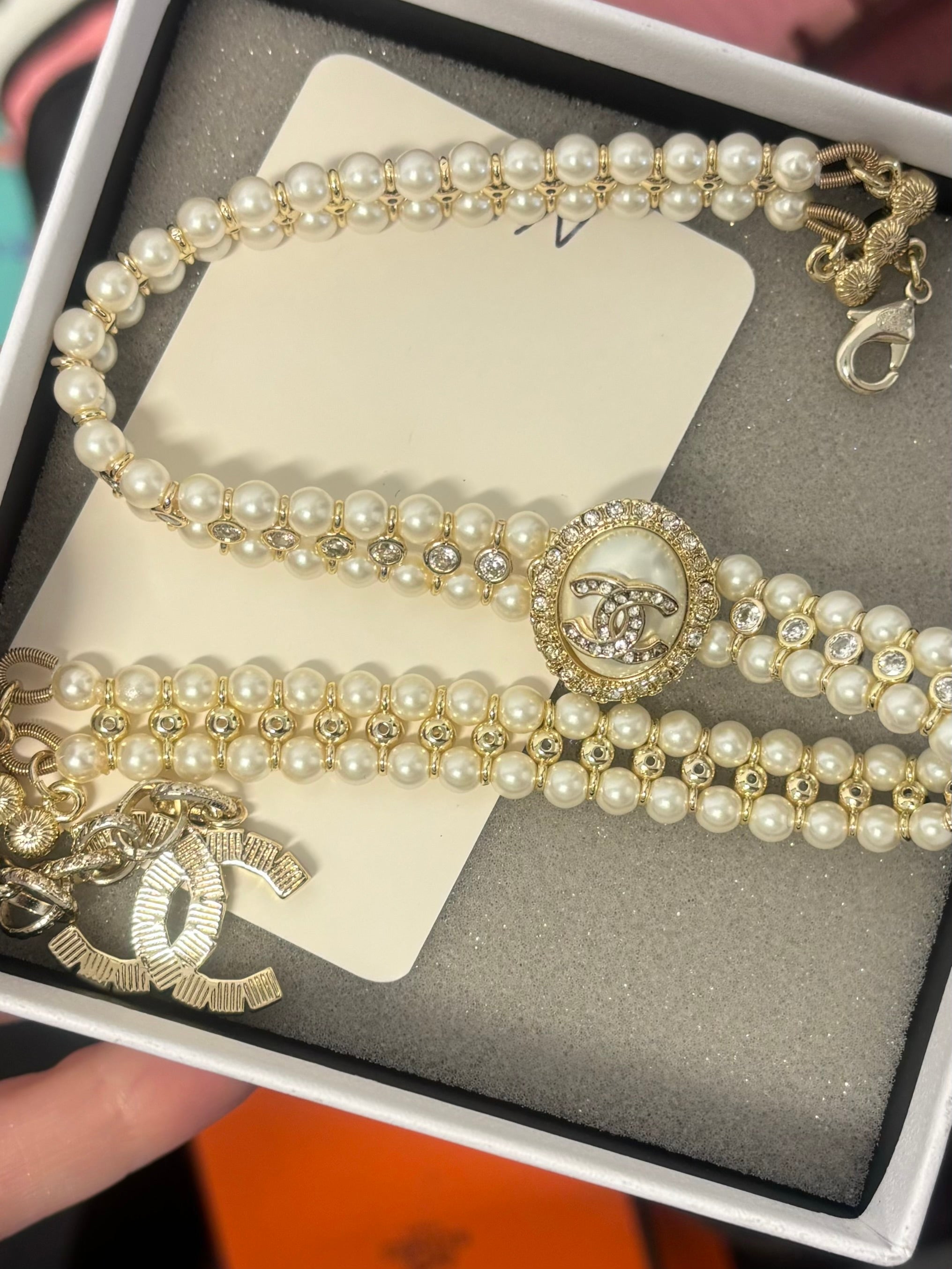 CHANEL gold and pearl and rhinestone choker necklace