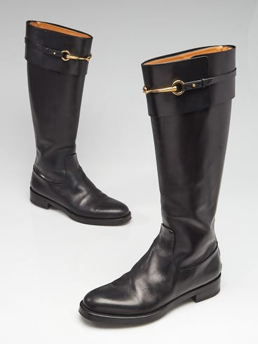GUCCI black knee high leather boots with gold horsebit at top