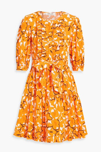 DVF orange floral print long sleeve dress with belt