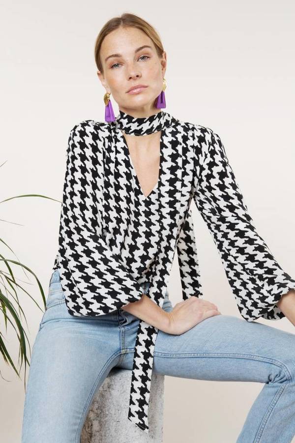 RIXO long sleeve blouse, black and white houndstooth blouse, neck tie