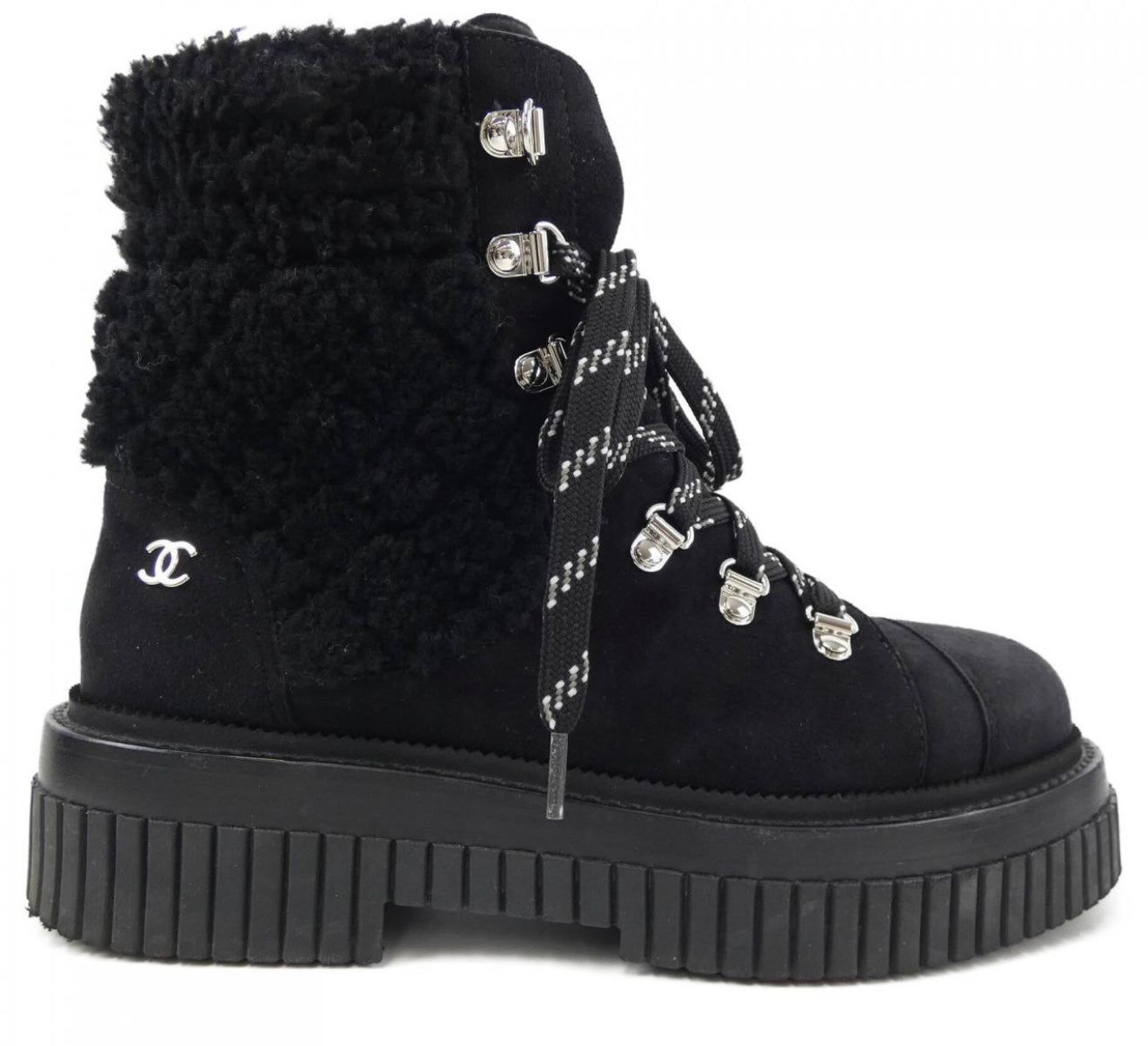 CHANEL black suede boots with black shearling, w dust bags and box