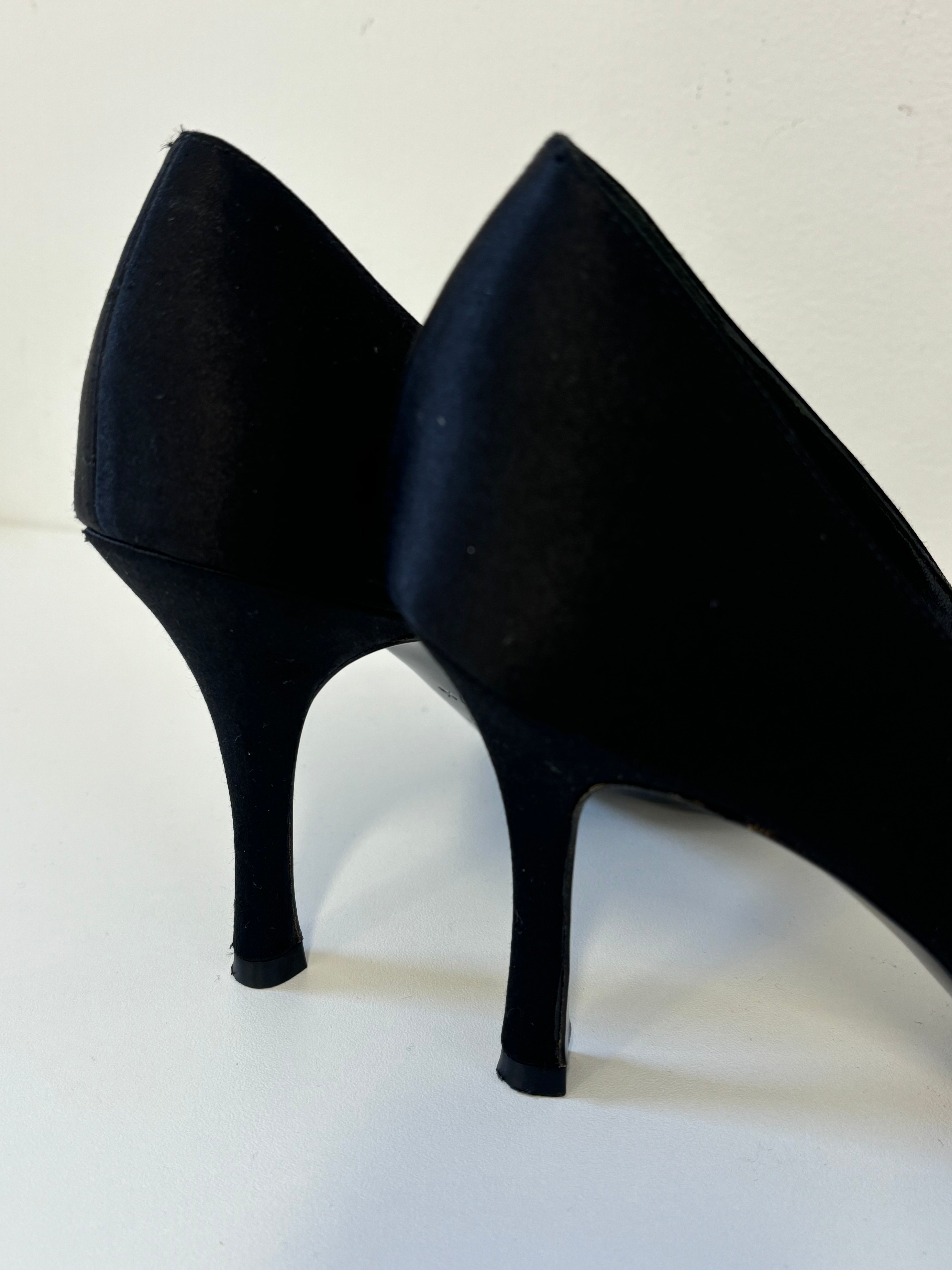 RENE CAOVILLA black satin closed toe heels with floral sparkle gem laces