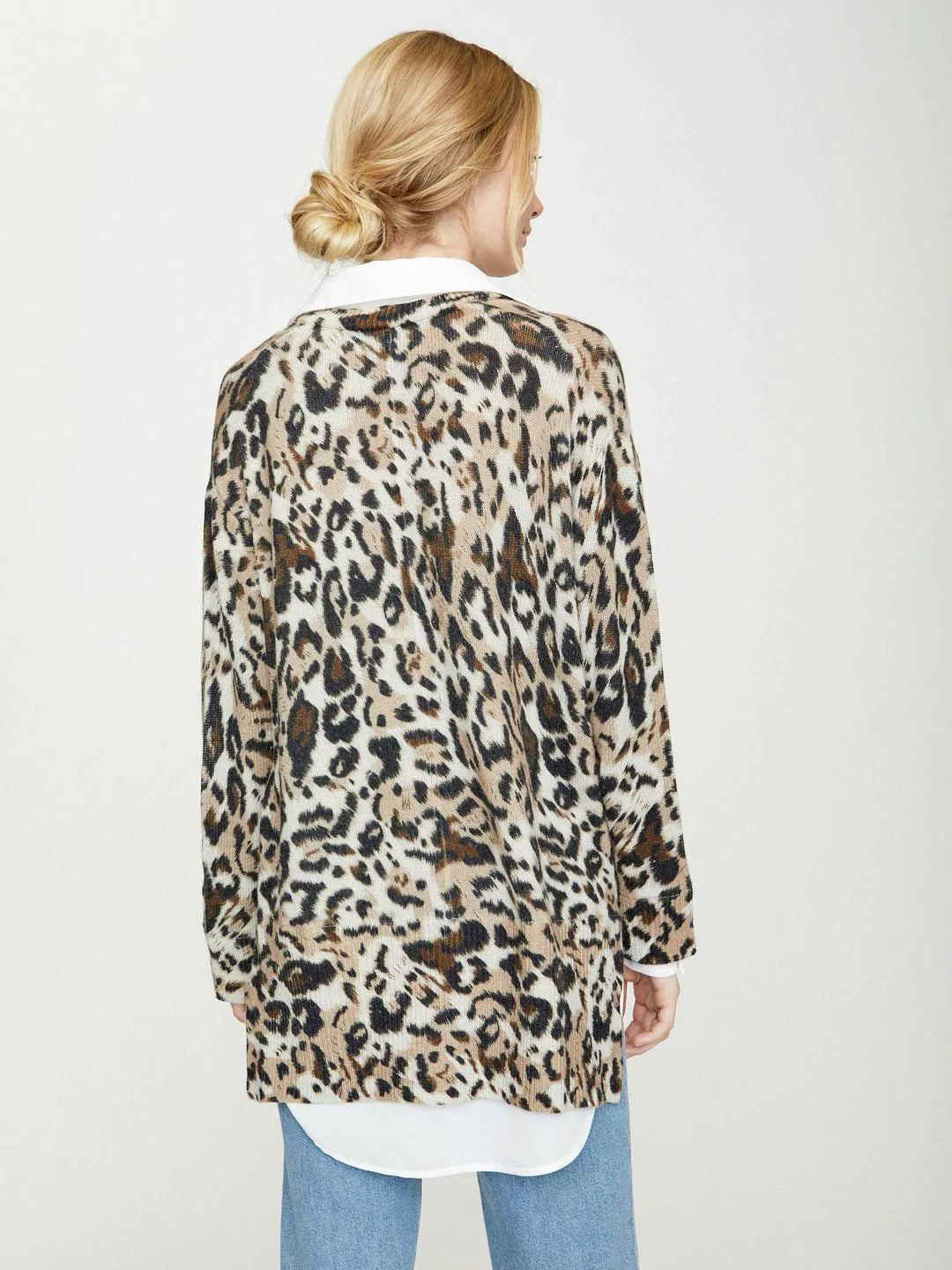 BROCHU WALKER leopard print knit long sleeve with white blouse attached underneath