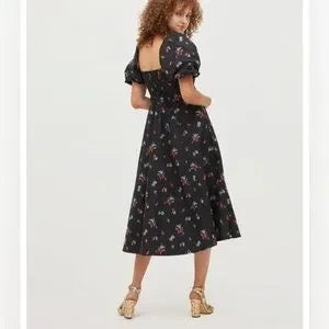 HILL HOUSE black puffed tshirt sleeve maxi dress with multicolour flower print