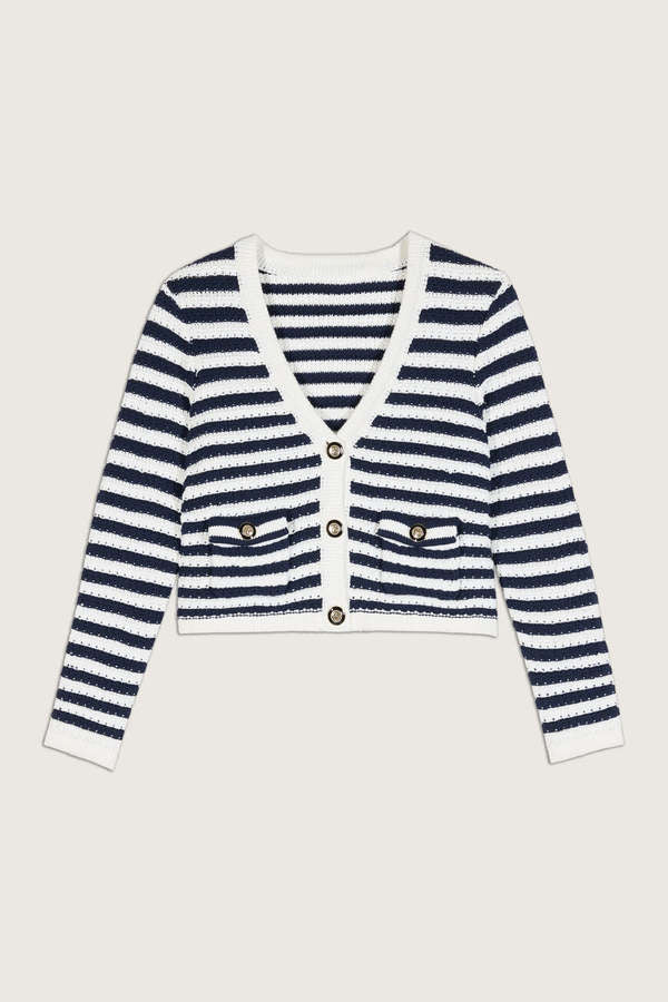 BA&SH navy and ivory cropped knit cardigan w gold and black buttons