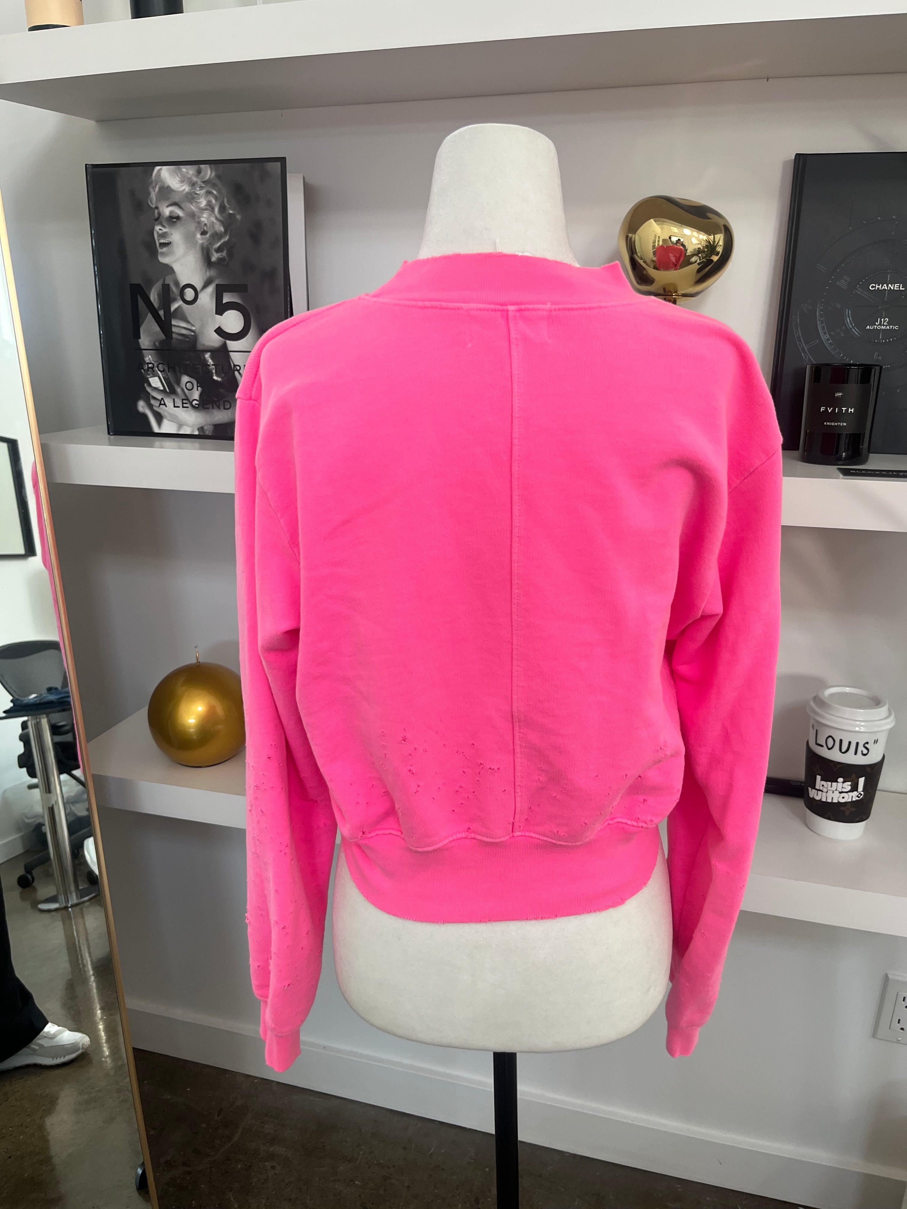 COTTON CITIZEN neon pink distressed cropped sweatshirt