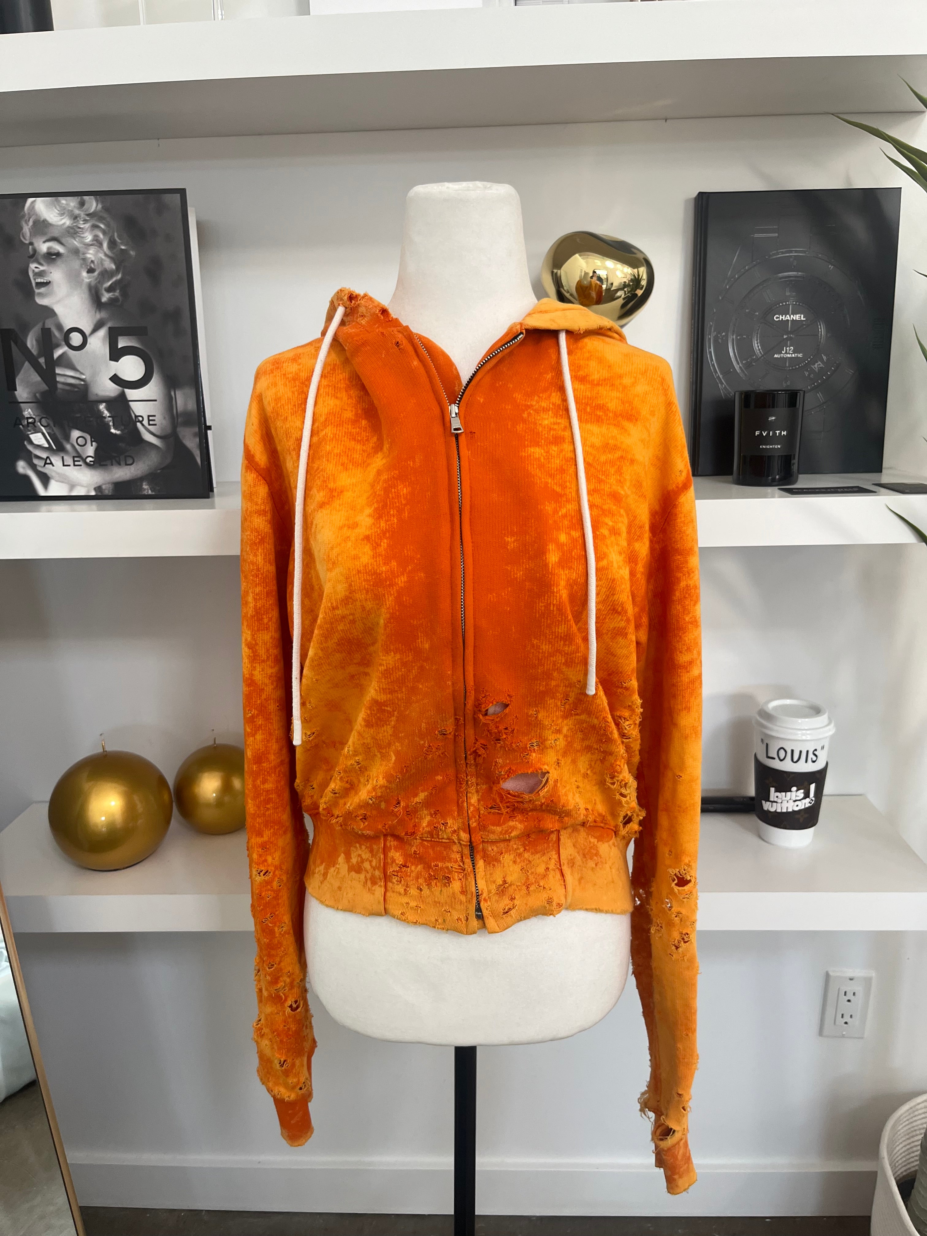 COTTON CITIZEN orange/yellow distressed zip sweatshirt