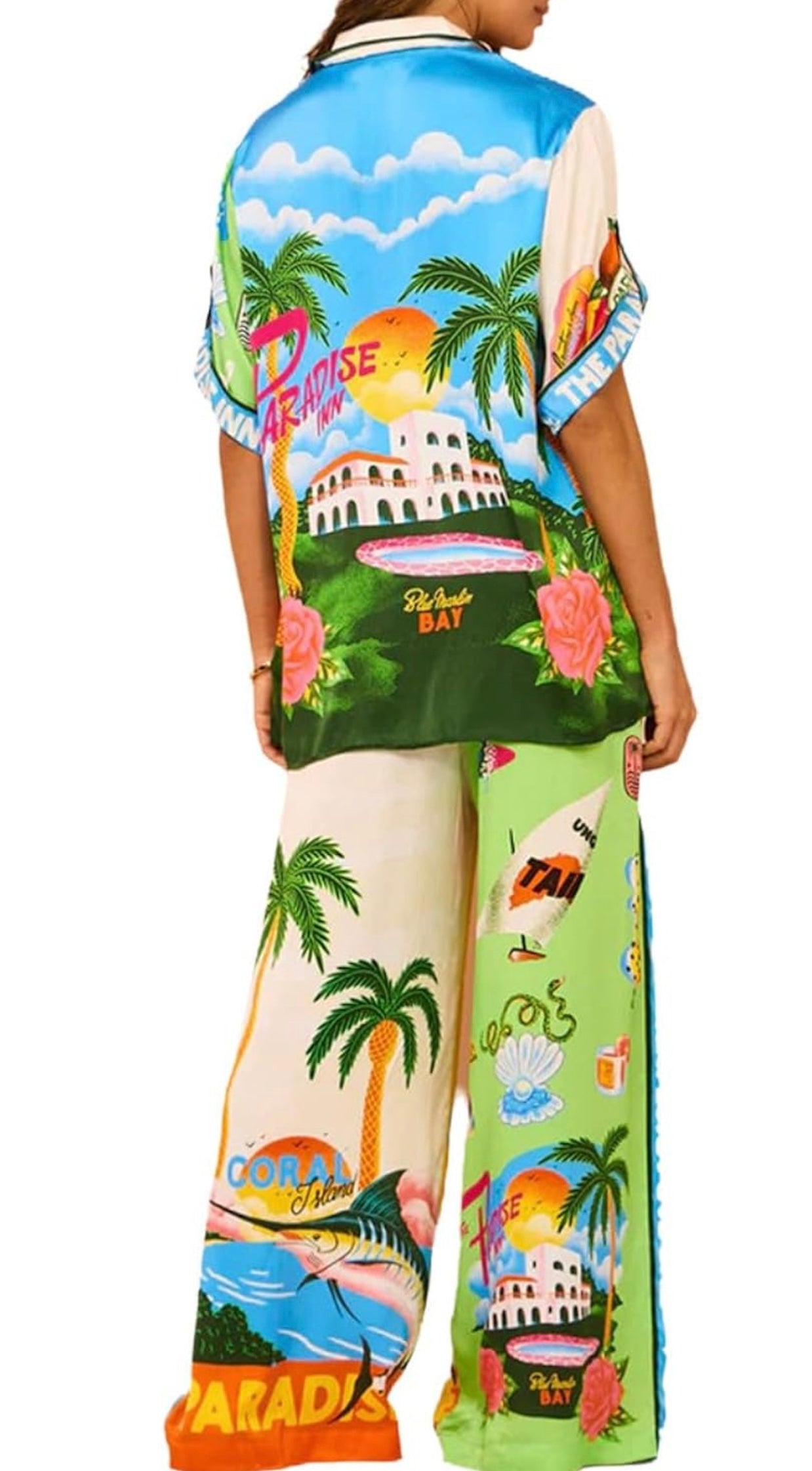 UNKNOWN BRAND Boho Satin Graffiti Print 2 Piece Sets Short Sleeve Pants Matching Sets with Pockets Hawaiian Loungewear