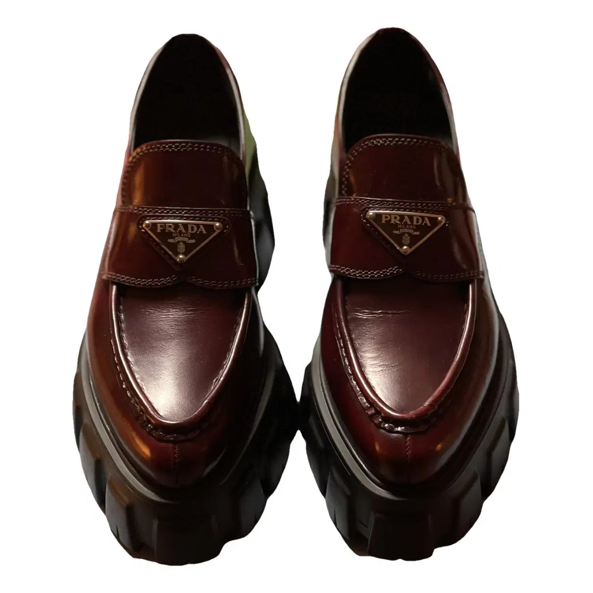 PRADA red chunky pointed toe loafers