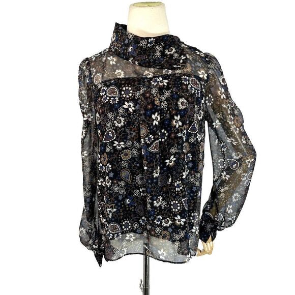 SEE BY CHLOE sheer blue floral pattern blouse, turtleneck with buttons on shoulder