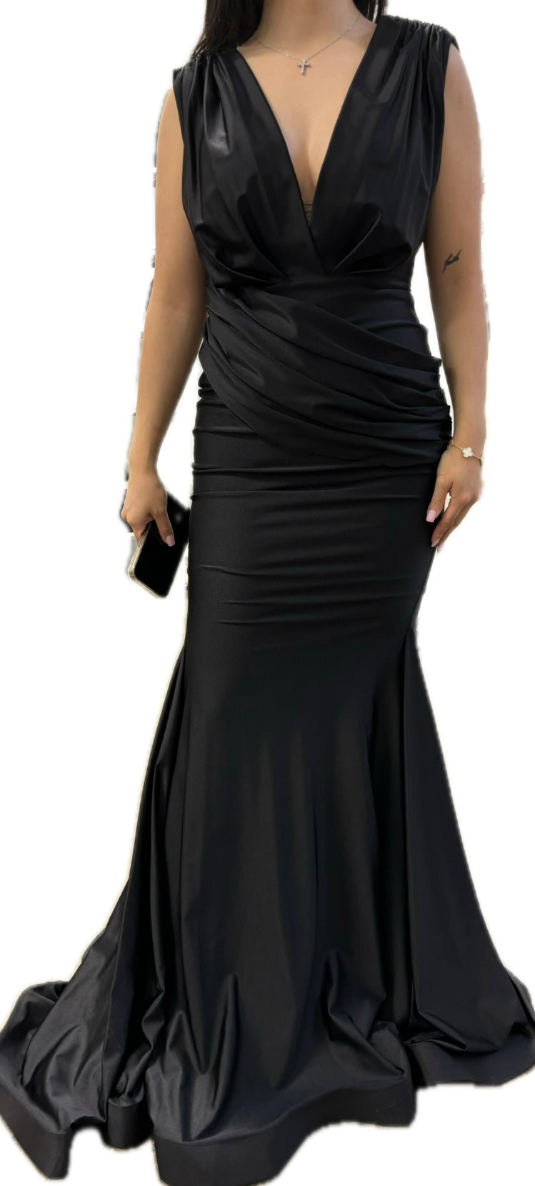 JESSICA ANGEL long black gown, sleeveless with deep plunge v neck, with draping