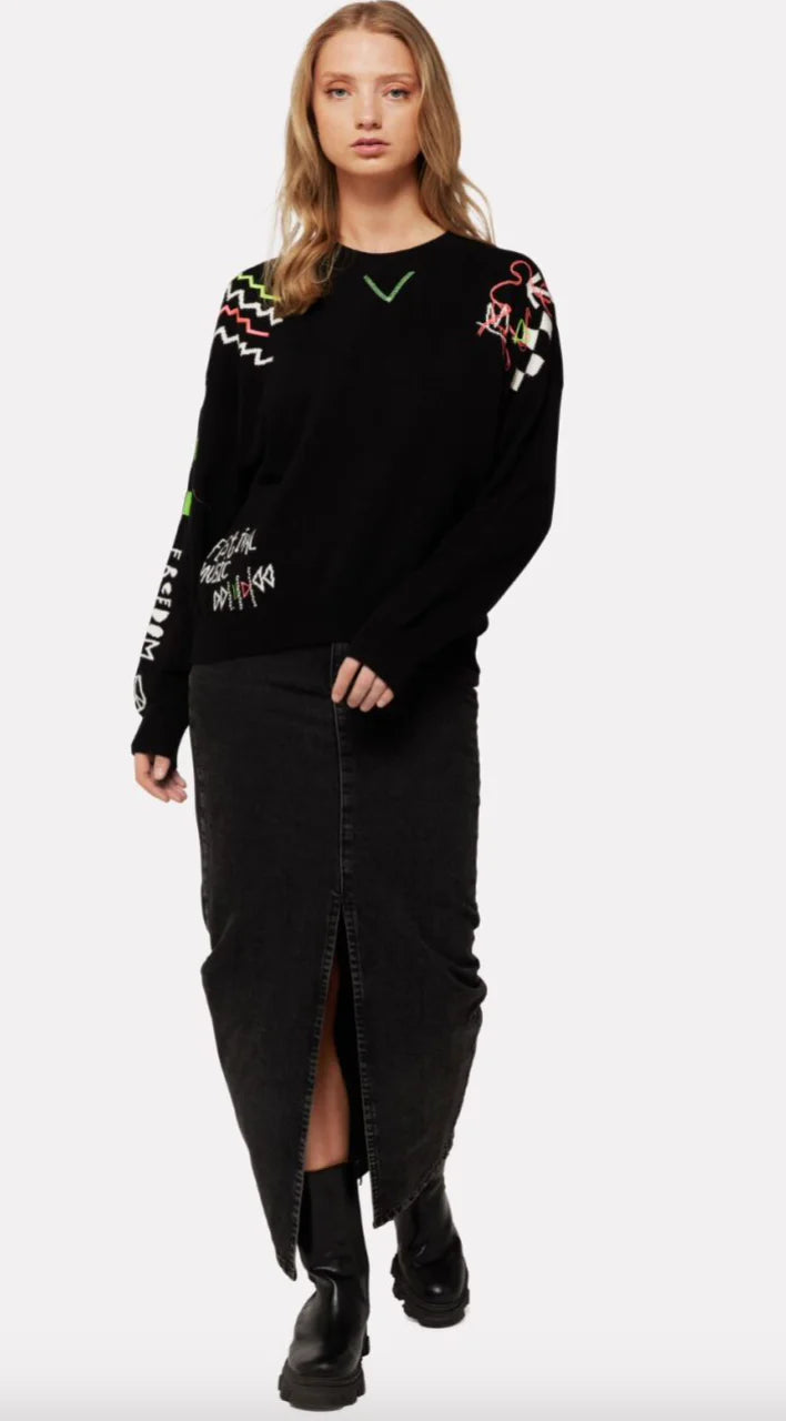 WISPR black sweater with neon green/pink design