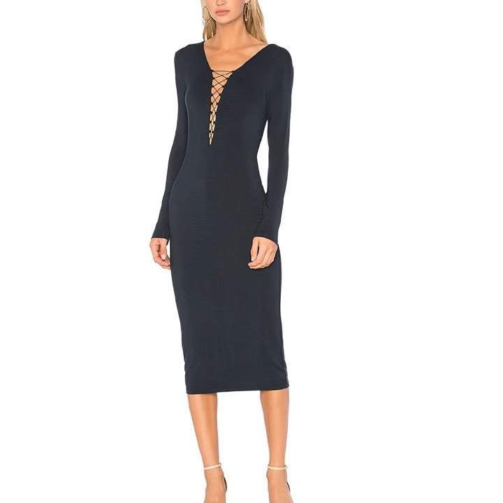 T BY ALEXANDER WANG navy bodycon jersery dress with lace detail