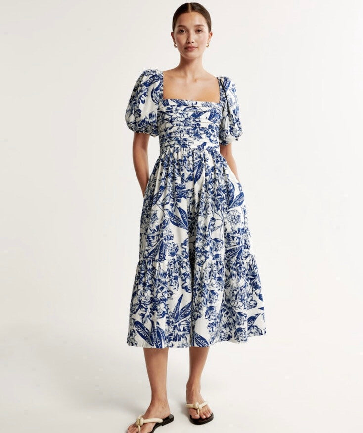 white and blue toile dress ABERCROMBIE & FITCH Emerson poplin dress in white with floral print