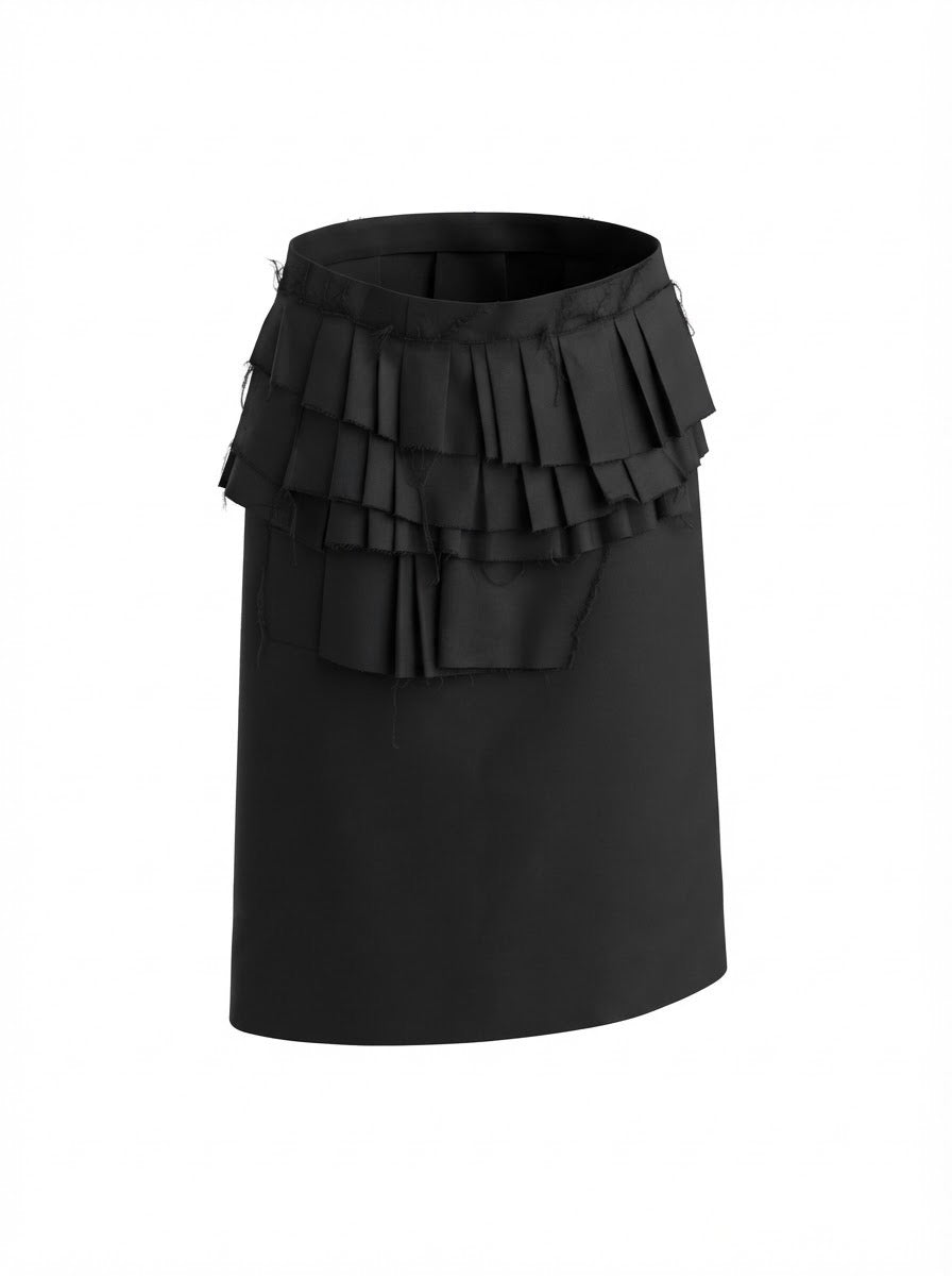 MARNI black 100% virgin wool midi skirt with distressed ruffle detail