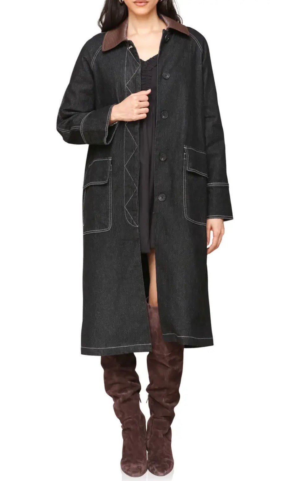 Avec Les Filles - Dark Denim Coat with Barn Collar