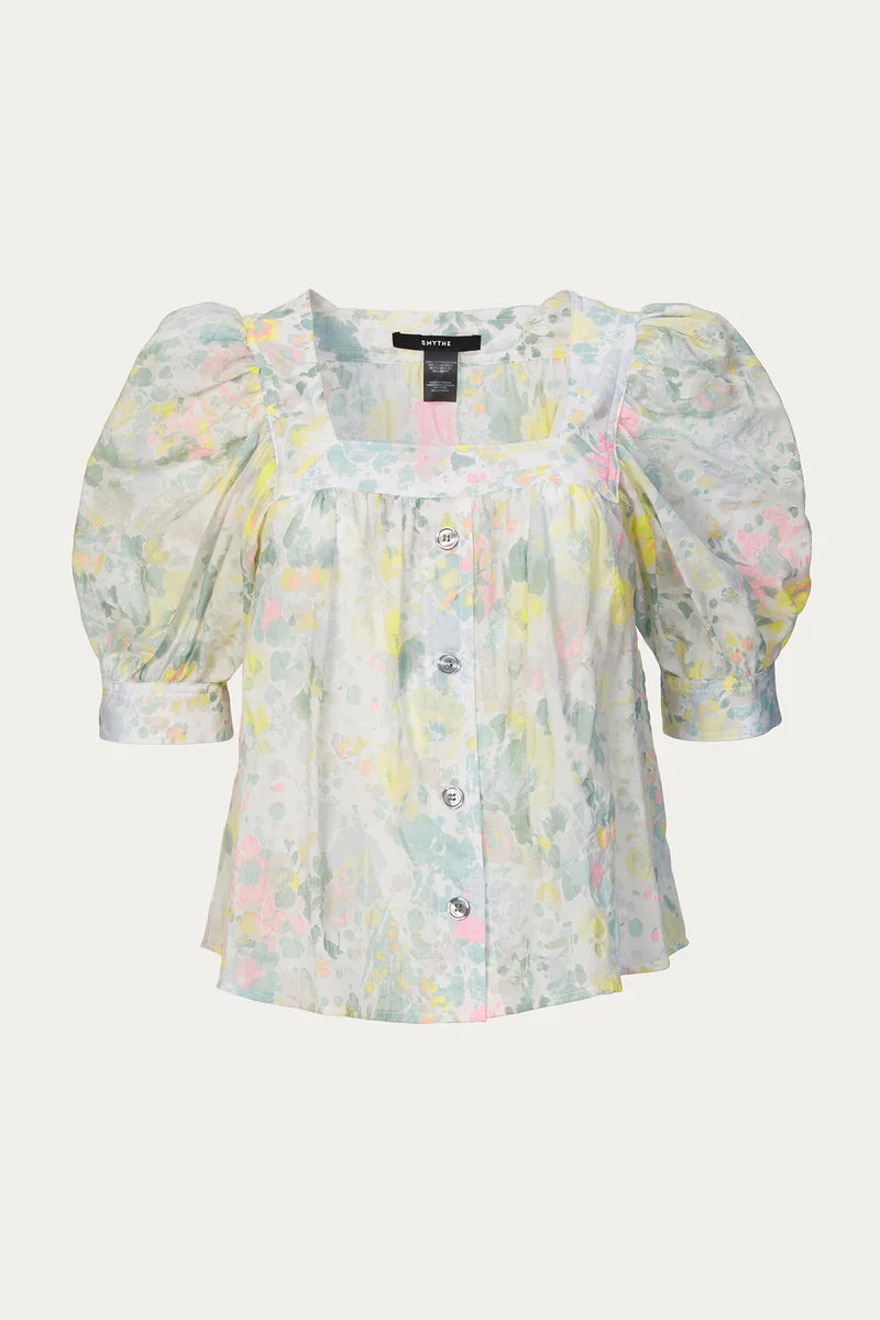 SMYTHE pastel floral top with puff sleeves and buttons