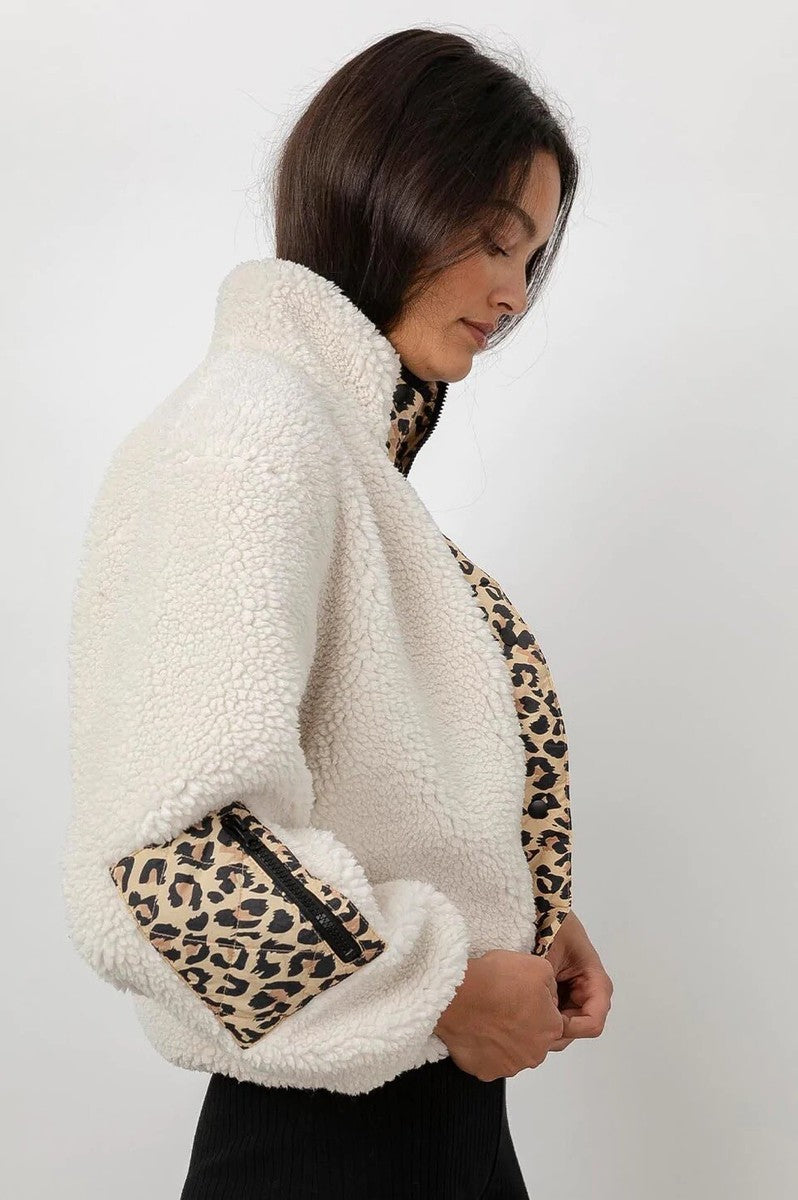 RAILS "DEAN" cream sherpa/teddy zip sweater with cheetah fabric details over zipper and chest pocket