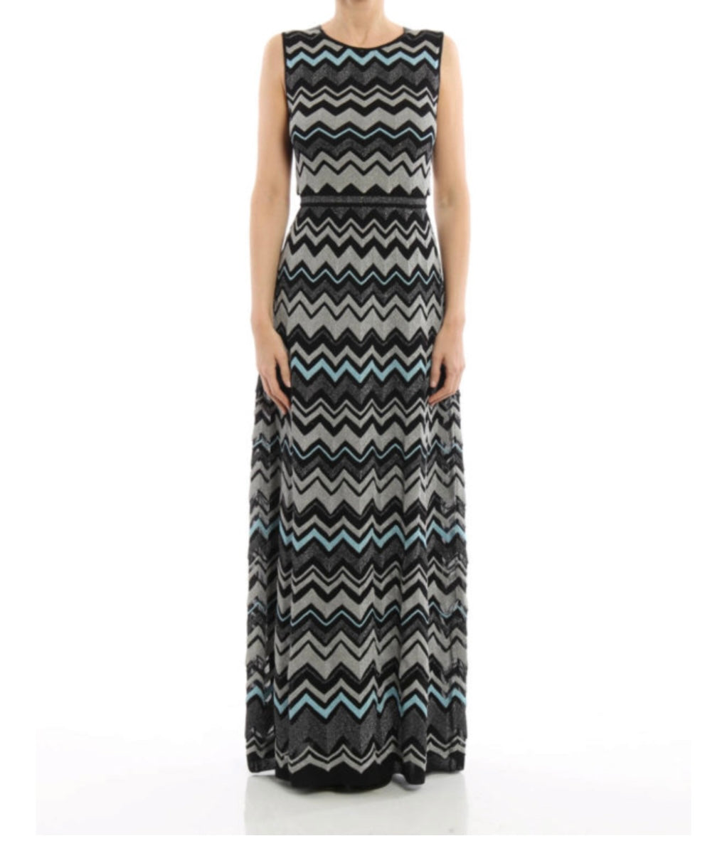 M MISSONI METALLIC ZIGZAG CROSS BACK MAXI DRESS