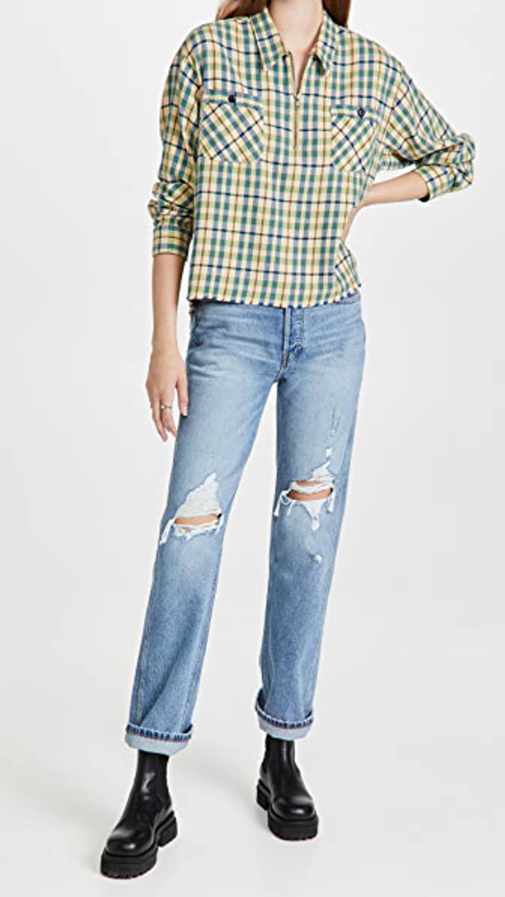 THE GREAT yellow/blue/red/green plaid flannel top