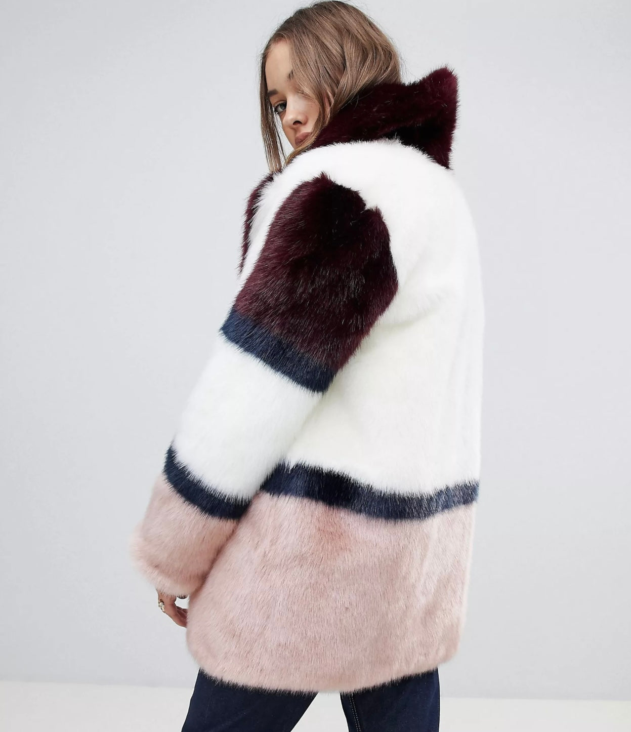 Jakke mid length faux fur coat in colour block