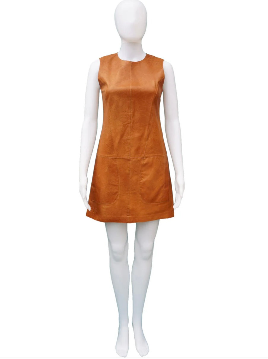 VINCE - LEATHER SLEEVELESS SHIFT DRESS