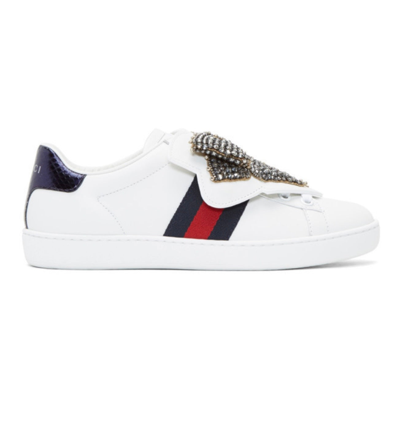 GUCCI white sneaker with jewel bow, w dust bags and box