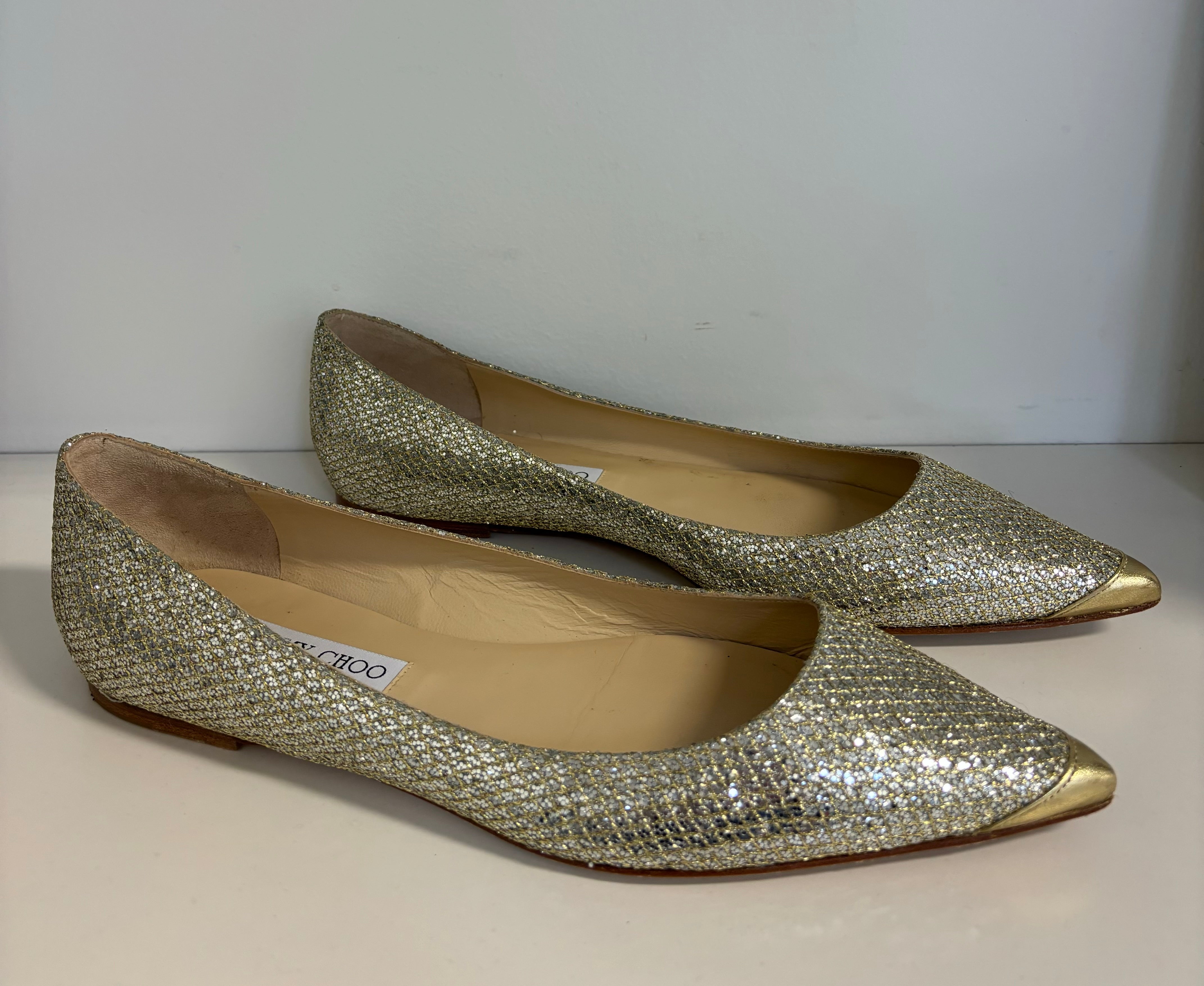 JIMMY CHOO Champagne Flats with Gold Toe Cap