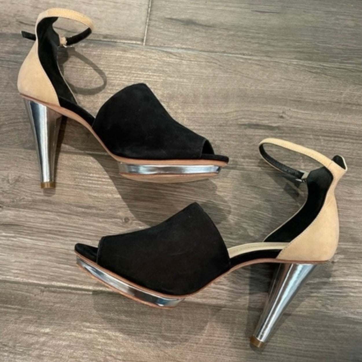 LOEFFLER RANDALL black suede with tan ankle strap and silver heel