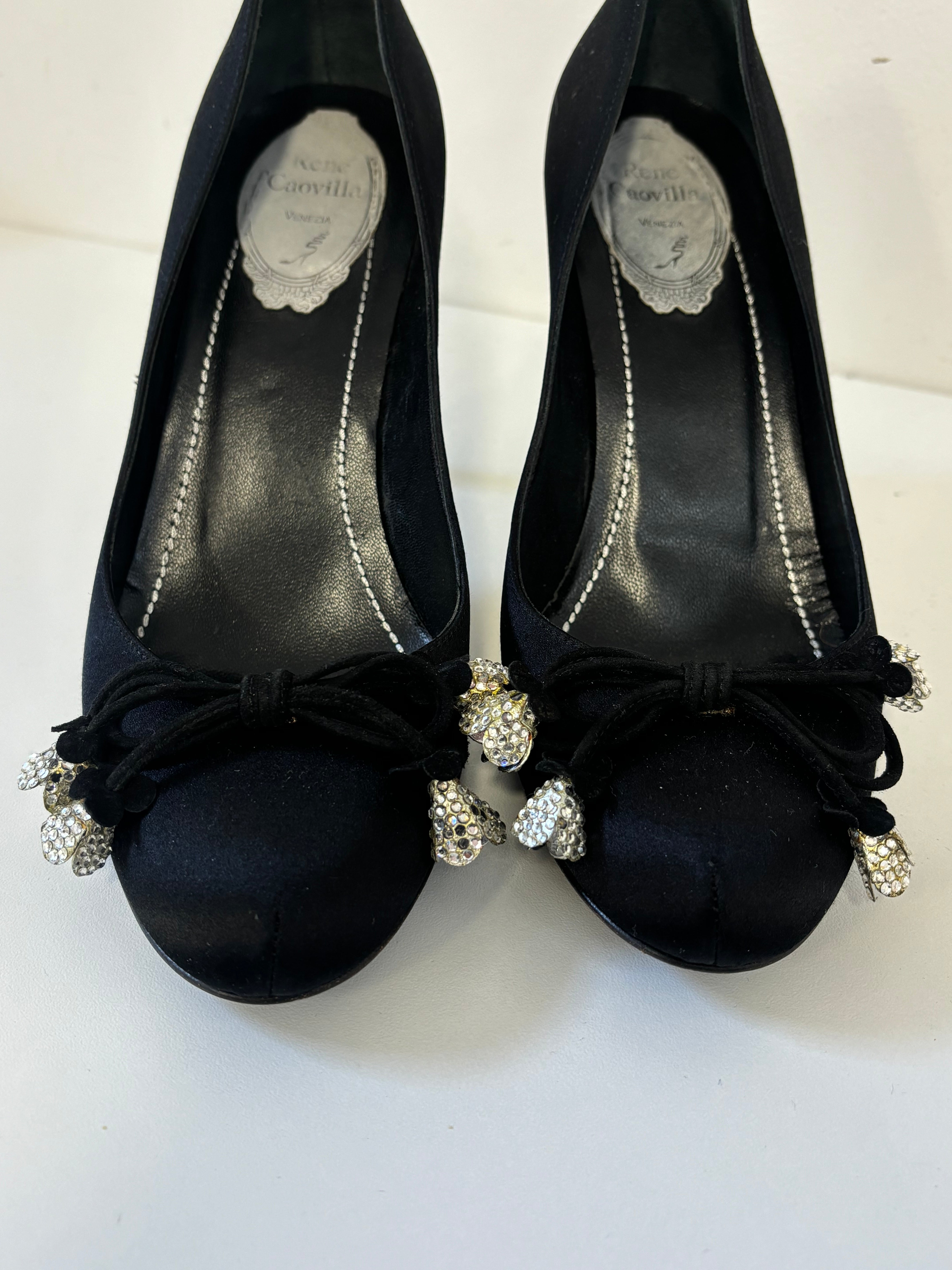 RENE CAOVILLA black satin closed toe heels with floral sparkle gem laces