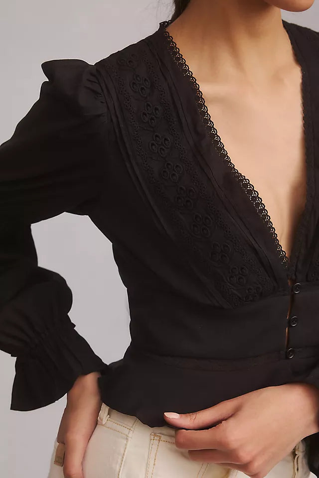 REFORMATION black eyelet cropped blouse